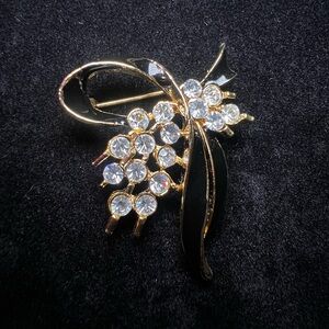 Vintage Gold Tone Black Enamel Rhinestone Brooch Pin